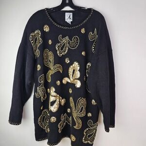 JK America Womens Vintage Black Gold Fleur de Lis Mardi Gras Sweater 22 24 Knit